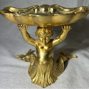 Vtg Brass Patina Double Tailed Mermaid Cherub & Seashell Soap Dish Trinket Bowl